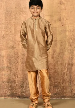 Embroidered Neckline Dupion Silk Kurta in Dark Beige