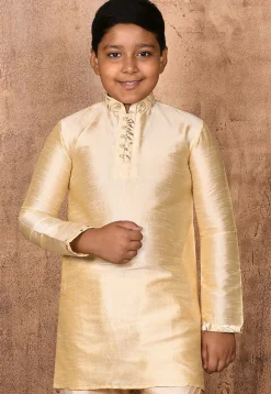 Embroidered Neckline Dupion Silk Kurta in Light Beige