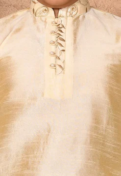 Embroidered Neckline Dupion Silk Kurta in Light Beige