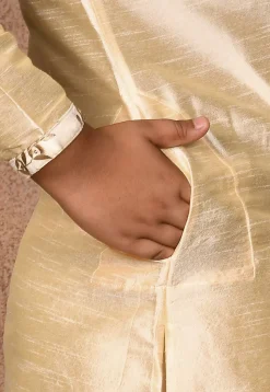 Embroidered Neckline Dupion Silk Kurta in Light Beige