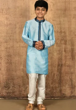 Embroidered Neckline Dupion Silk Kurta in Light Blue