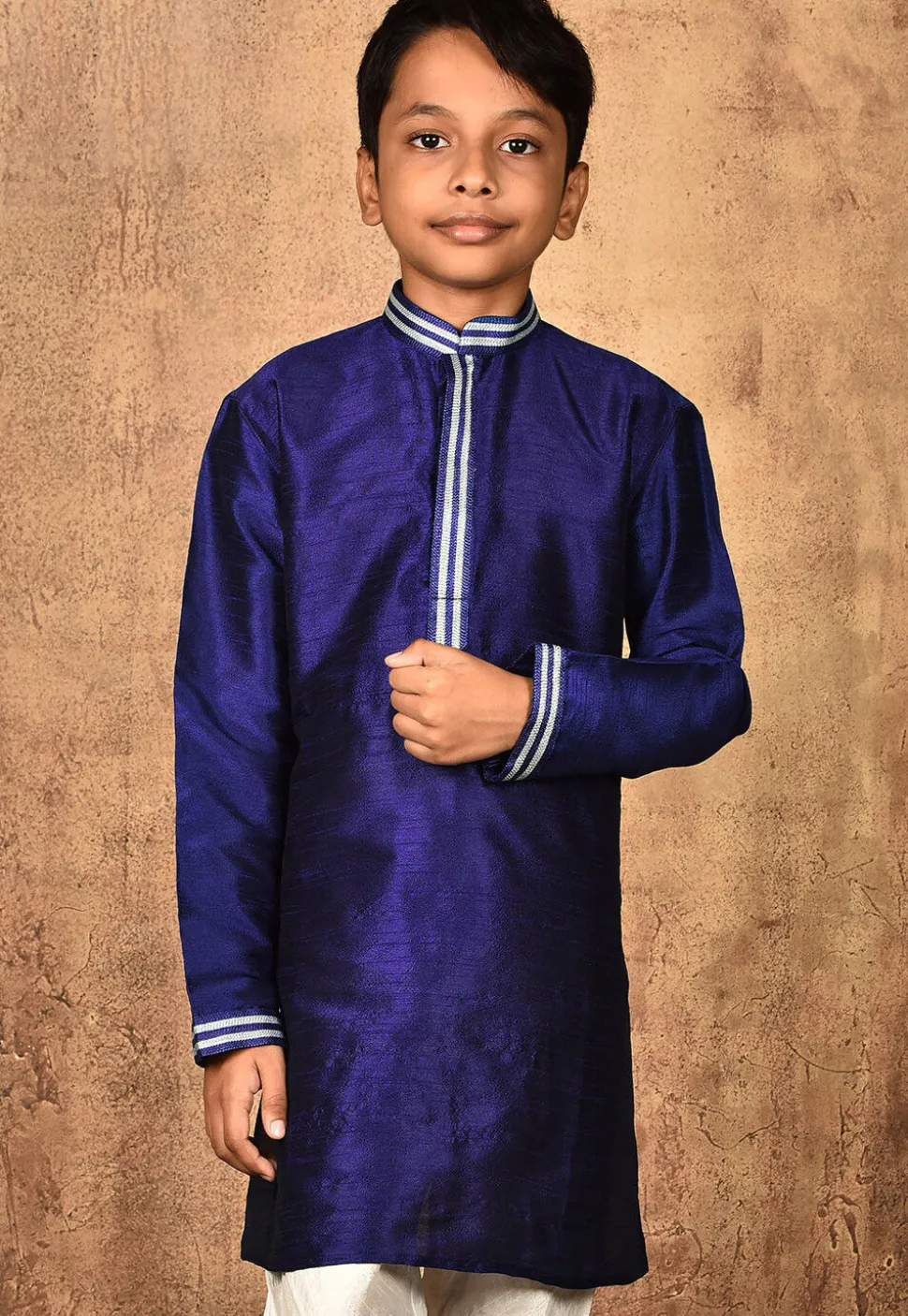 Embroidered Neckline Dupion Silk Kurta in Navy Blue