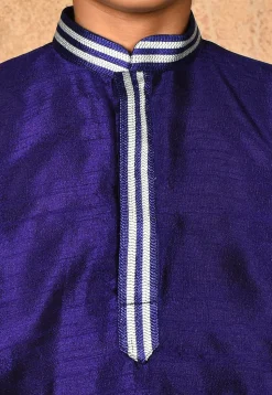 Embroidered Neckline Dupion Silk Kurta in Navy Blue