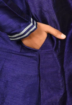 Embroidered Neckline Dupion Silk Kurta in Navy Blue
