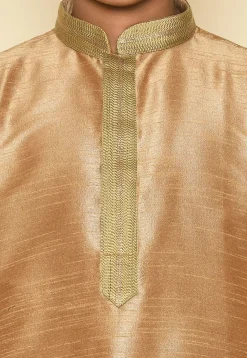 Embroidered Neckline Dupion Silk Kurta in Dark Beige