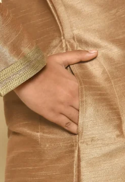 Embroidered Neckline Dupion Silk Kurta in Dark Beige