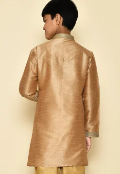 Embroidered Neckline Dupion Silk Kurta in Dark Beige