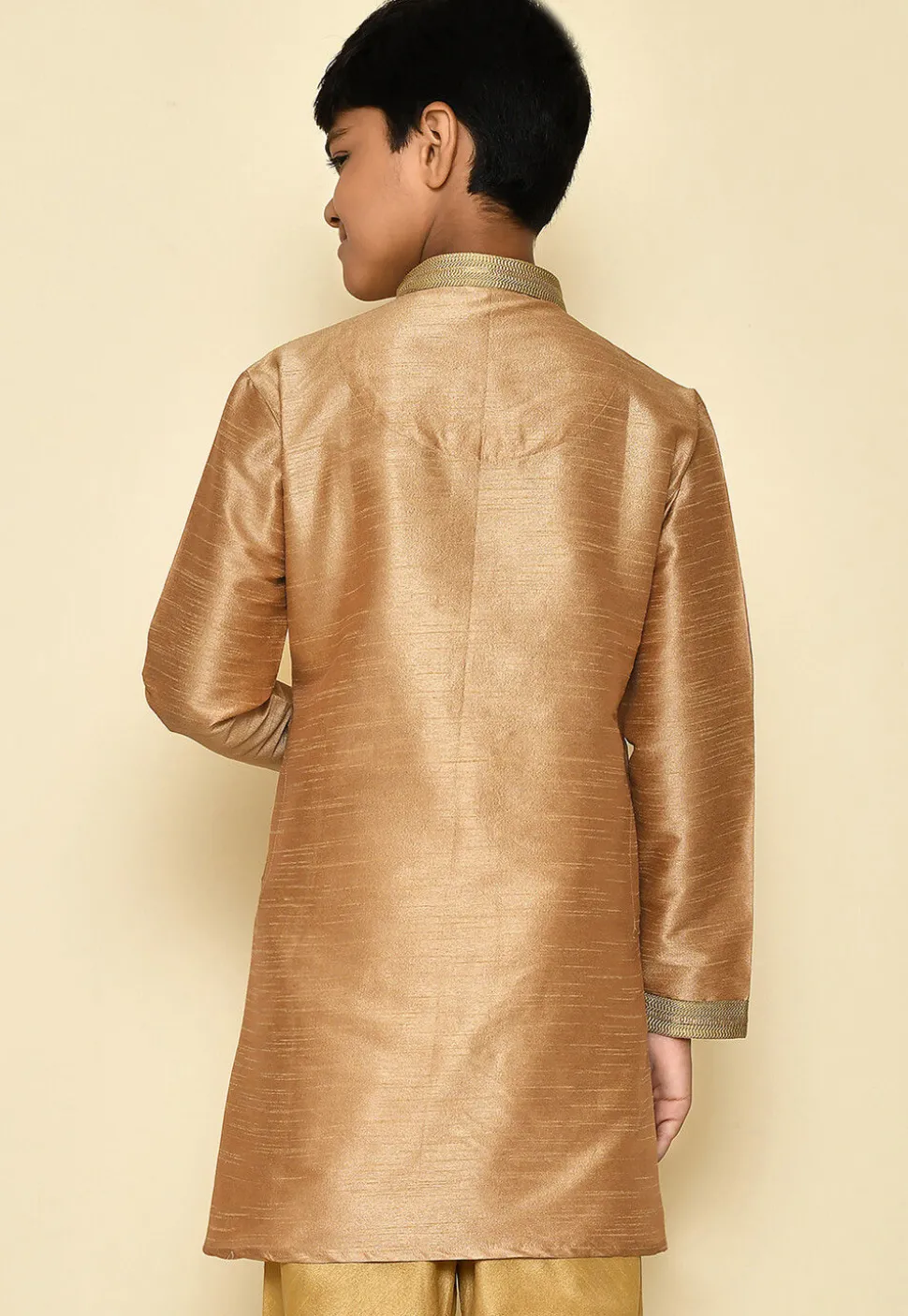 Embroidered Neckline Dupion Silk Kurta in Dark Beige