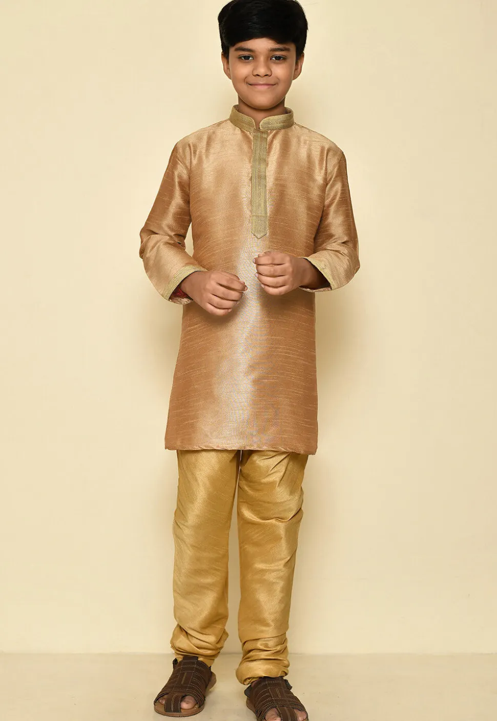 Embroidered Neckline Dupion Silk Kurta in Dark Beige