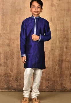 Embroidered Neckline Dupion Silk Kurta Set in Navy Blue