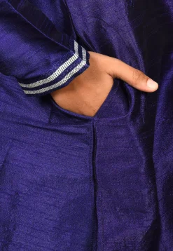 Embroidered Neckline Dupion Silk Kurta Set in Navy Blue