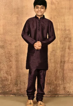 Embroidered Neckline Dupion Silk Kurta Set in Wine