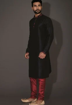 Embroidered Neckline Dupion Silk Kurta Set in Black