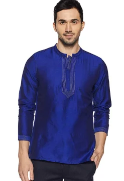 Embroidered Neckline Dupion Silk Short Kurta in Royal Blue