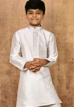 Embroidered Neckline Dupion Silk Kurta in Off White