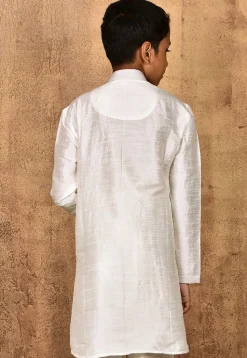 Embroidered Neckline Dupion Silk Kurta in Off White