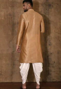 Embroidered Neckline Dupion Silk Kurta Set in Dark Beige