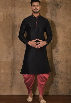 Embroidered Neckline Dupion Silk Kurta Set in Black