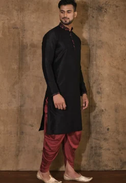 Embroidered Neckline Dupion Silk Kurta Set in Black