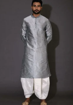 Embroidered Neckline Dupion Silk Dhoti Kurta in Grey