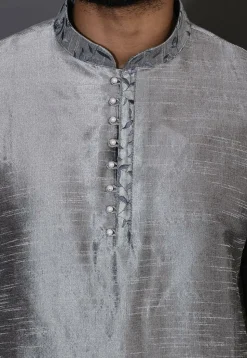Embroidered Neckline Dupion Silk Dhoti Kurta in Grey