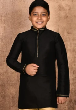 Embroidered Neckline Dupion Silk Kurta in Black