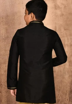 Embroidered Neckline Dupion Silk Kurta in Black