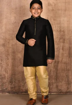 Embroidered Neckline Dupion Silk Kurta in Black