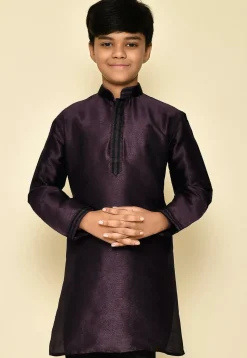 Embroidered Neckline Dupion Silk Kurta in Wine