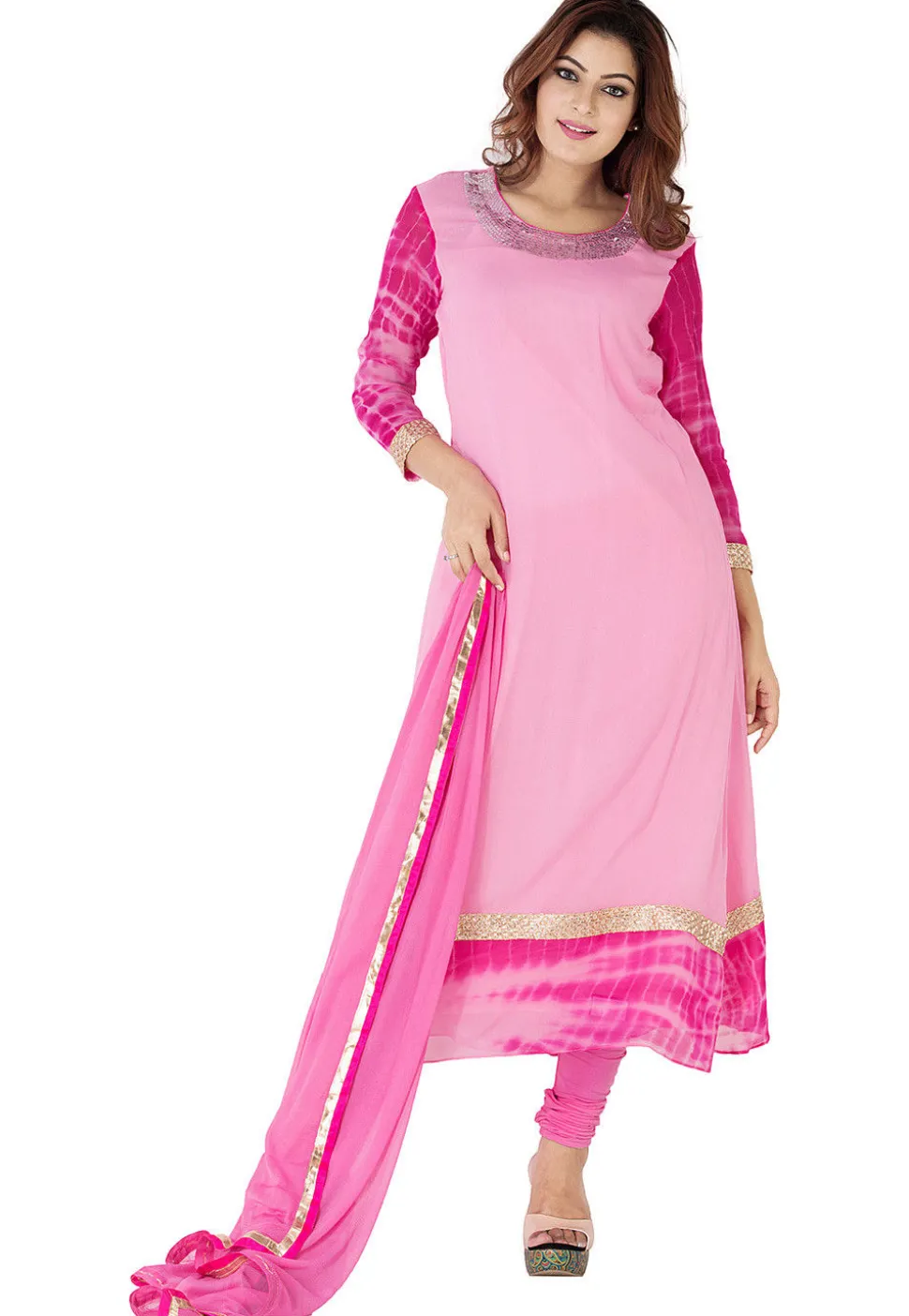 Embroidered Neckline Georgette A Line Suit in Light Pink