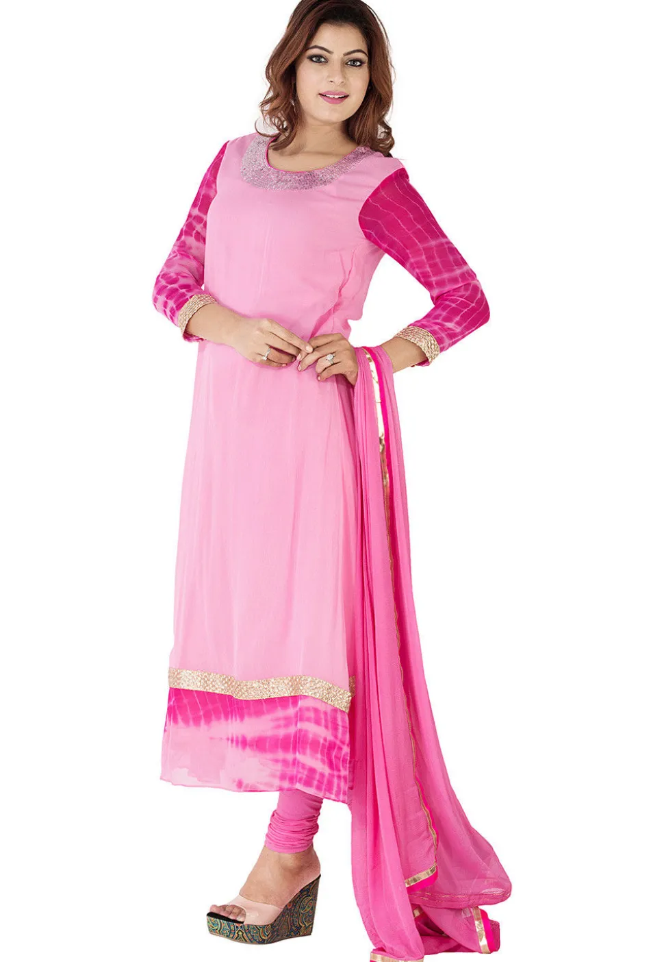 Embroidered Neckline Georgette A Line Suit in Light Pink