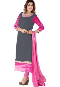 Embroidered Neckline Georgette A Line Suit in Grey