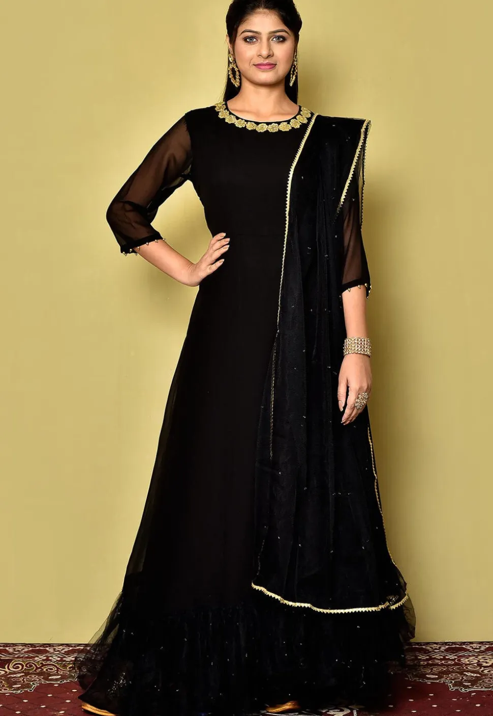 Embroidered Neckline Georgette Gowns in Black