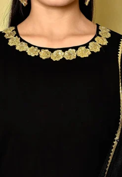Embroidered Neckline Georgette Gowns in Black