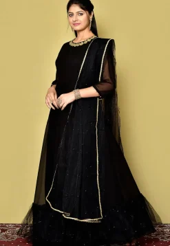 Embroidered Neckline Georgette Gowns in Black