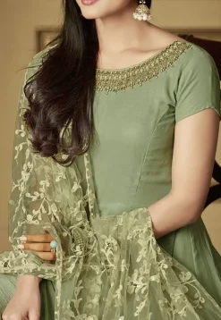 Embroidered Neckline Georgette Abaya Style Suit in Pastel Green