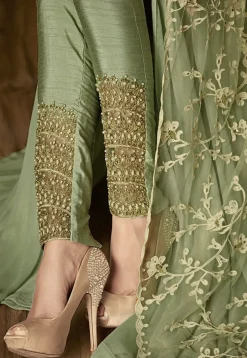 Embroidered Neckline Georgette Abaya Style Suit in Pastel Green