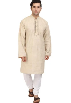 Embroidered Neckline Handloom South Cotton Kurta in Beige