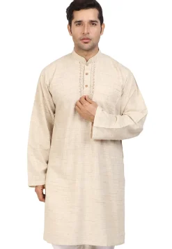 Embroidered Neckline Handloom South Cotton Kurta in Light Beige