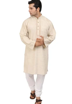Embroidered Neckline Handloom South Cotton Kurta in Light Beige