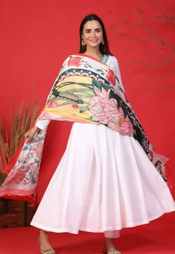 Embroidered Neckline Pure Cotton A Line Suit in White