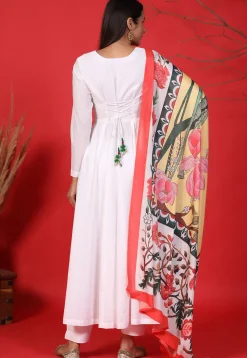 Embroidered Neckline Pure Cotton A Line Suit in White