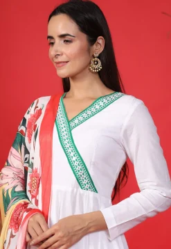 Embroidered Neckline Pure Cotton A Line Suit in White