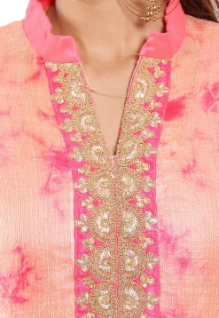 Embroidered Neckline Pure Kota Silk Abaya Style Suit in Peach
