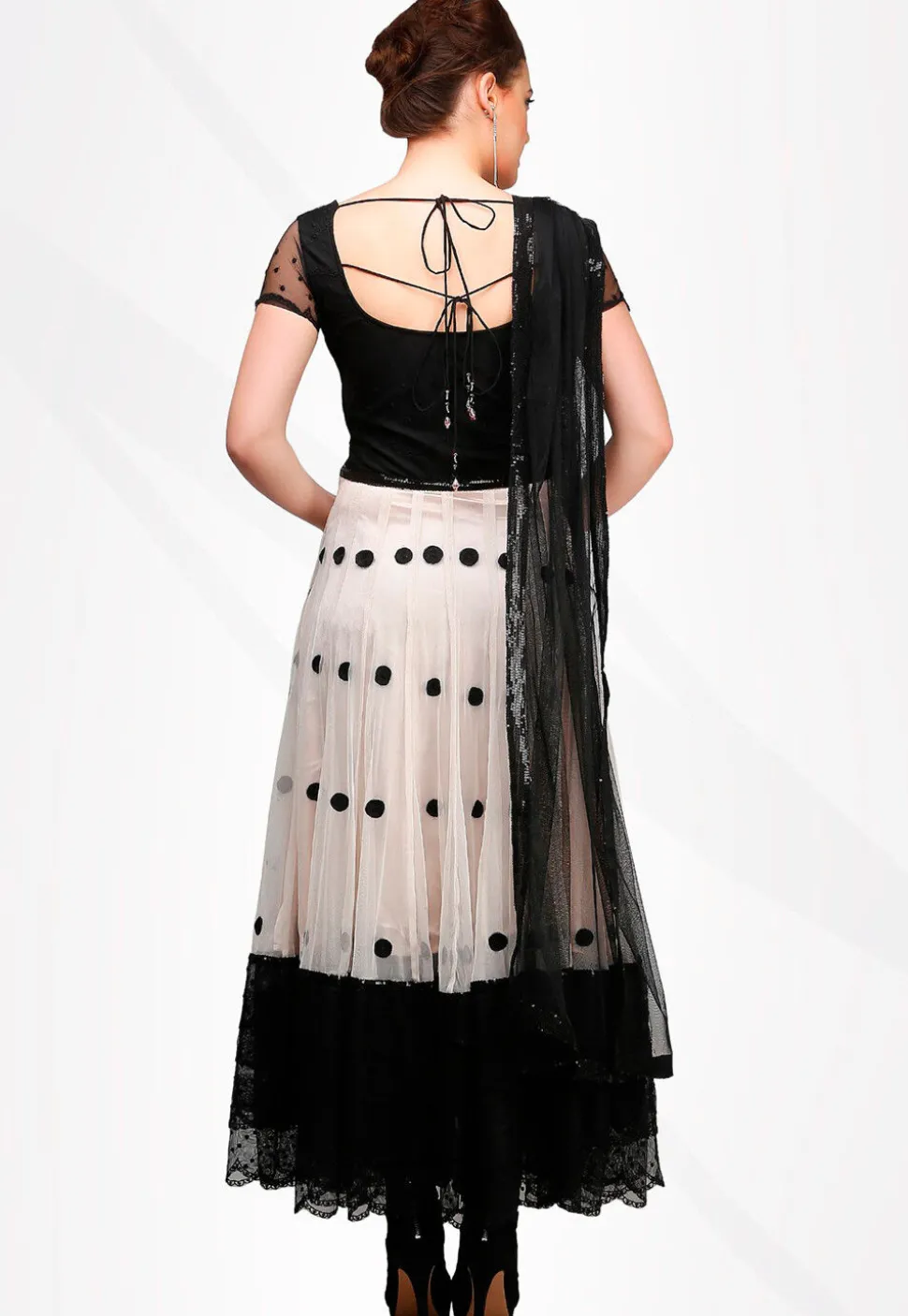 Embroidered Net A Line Suit in Peach and Black