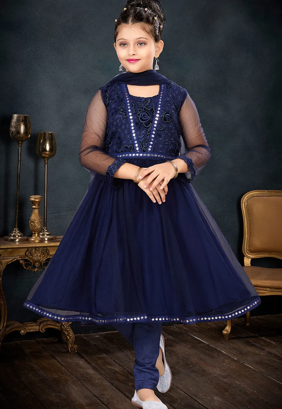 Embroidered Net A Line Suit in Navy Blue