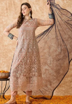 Embroidered Net A Line Suit in Peach