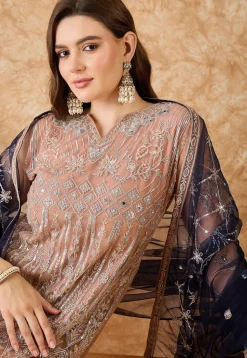 Embroidered Net A Line Suit in Peach
