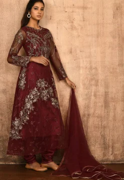 Embroidered Net A Line Suit in Maroon