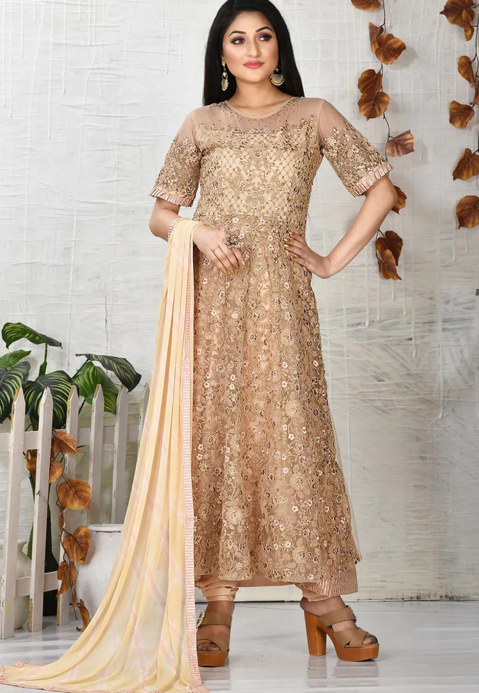 Embroidered Net A Line Suit in Beige